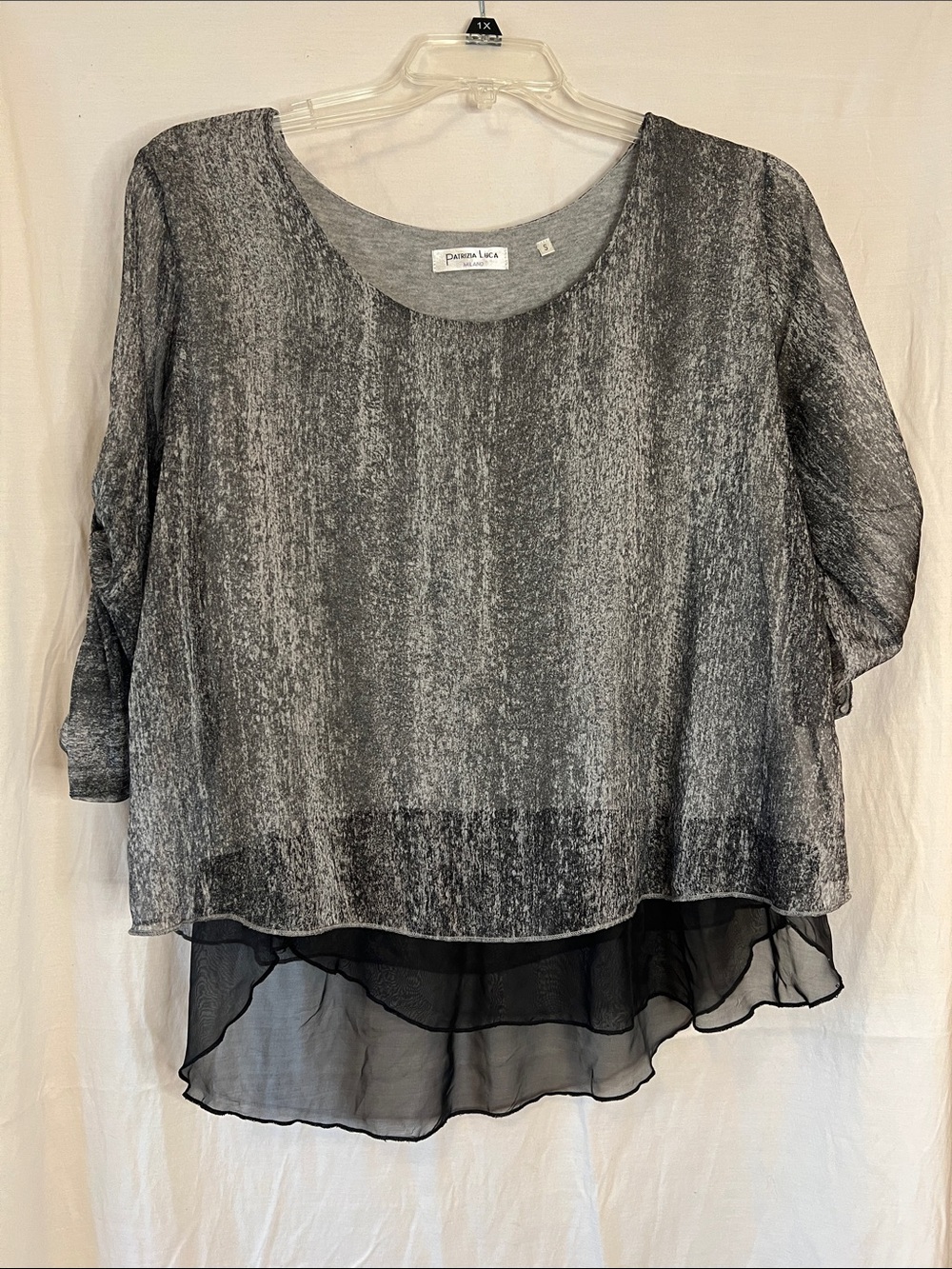 Patrizia Luca Sheer Layered Gray and Black Puff-Sleeve Top
